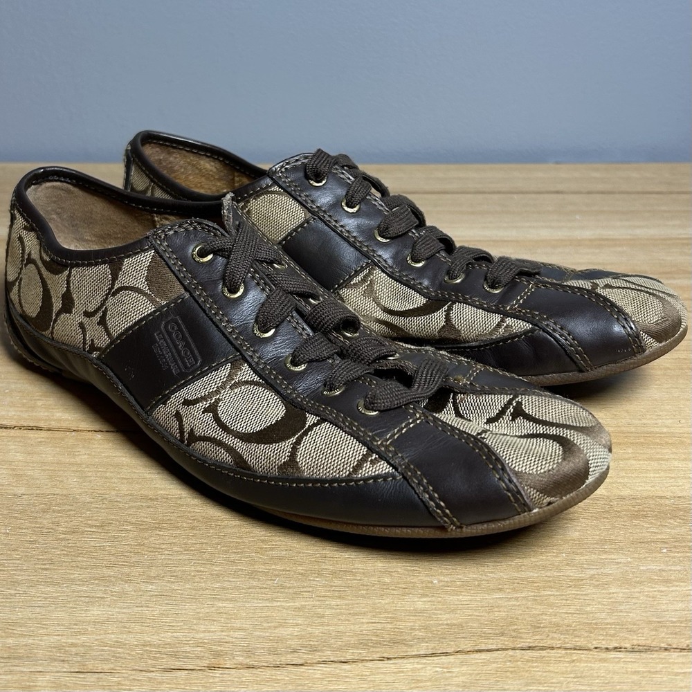 Coach Classic Brown Signature Canvas Dark Brown Leather Trim Suee Sneakers